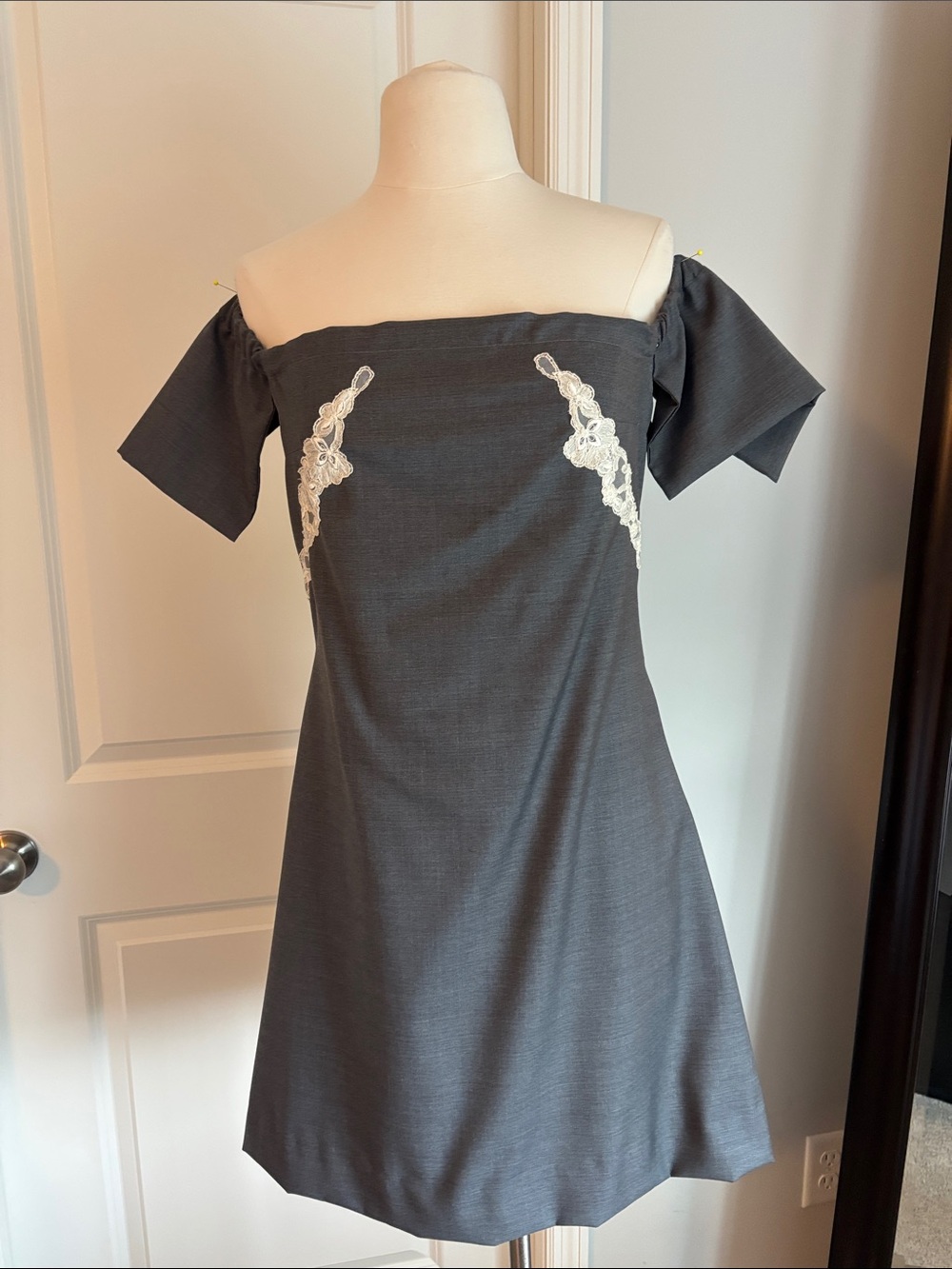 Off-Shoulder Charcoal Dress with White Lace Accents